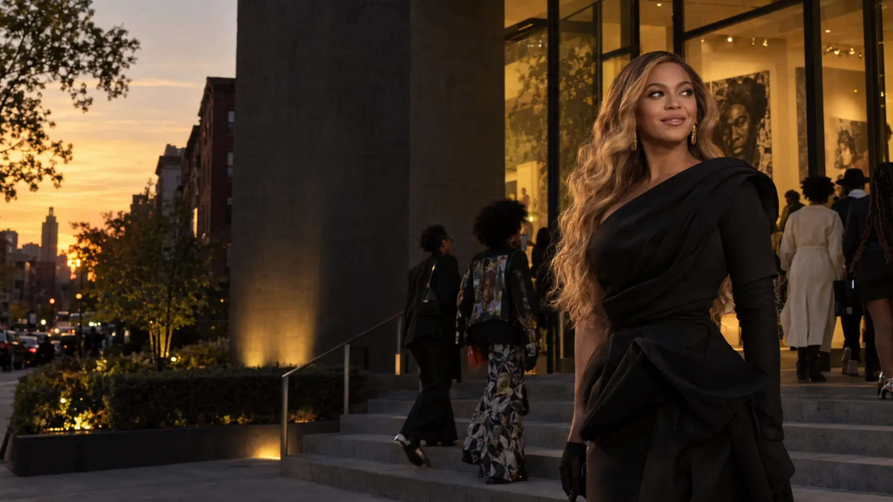 Beyonce outside a contemporary Harlem art museum at sunset
