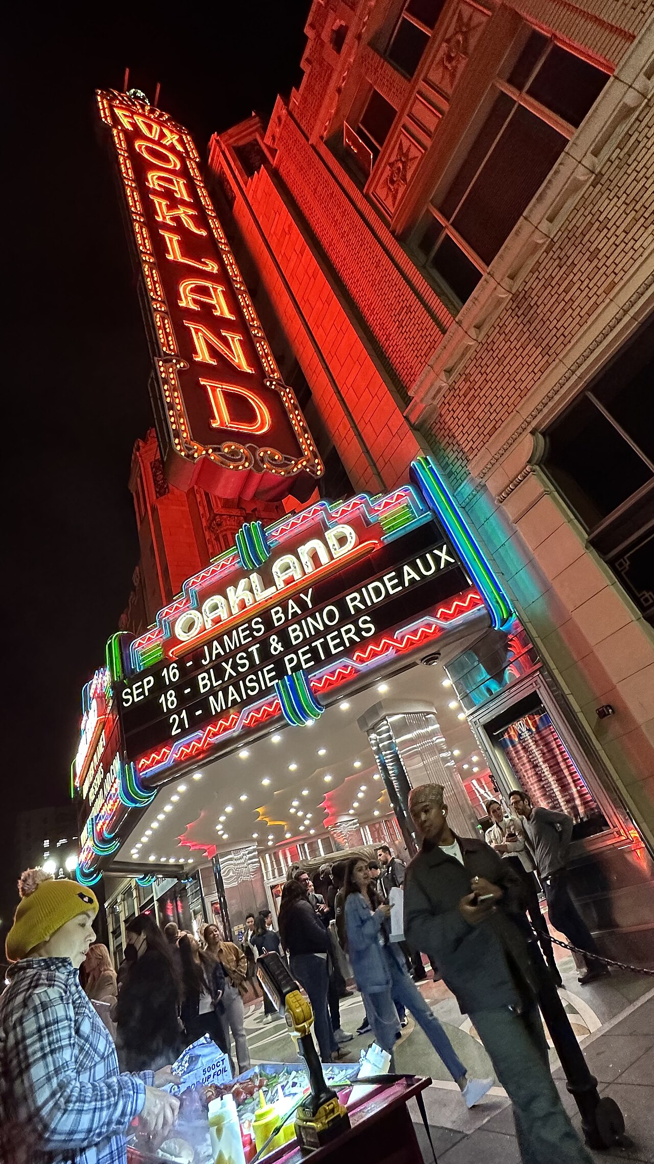 Exterior of the historic Fox Theater in Oakland, California at night