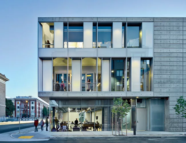 Glass front of the SFJAZZ Center in San Francisco with the lobby visible from the street